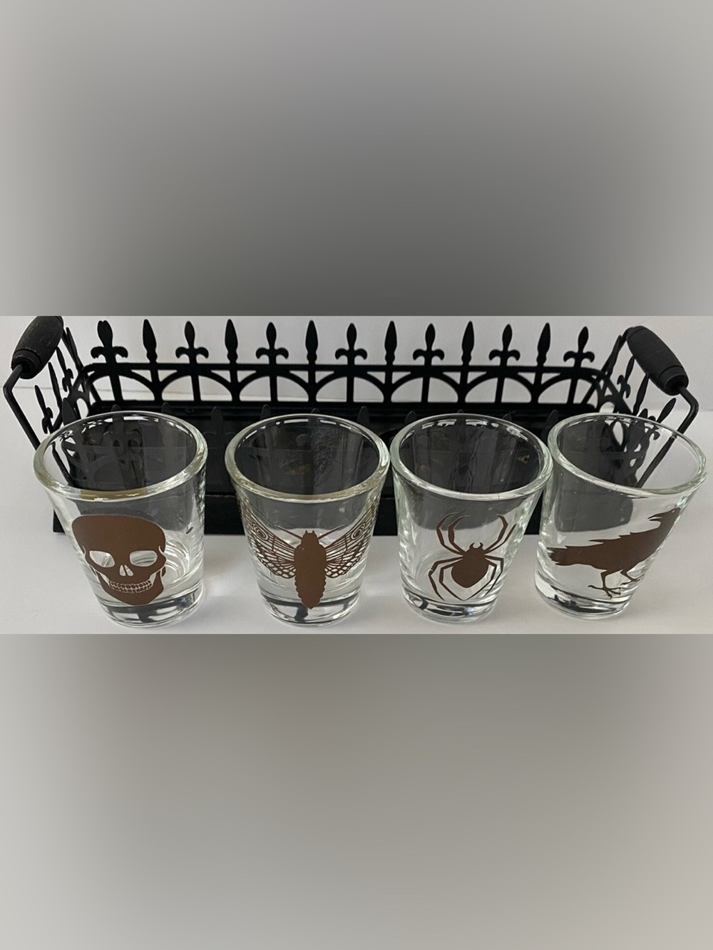 Halloween Theme Shot Glass Set With Holder Raven, Spider, Skull, Butterfly